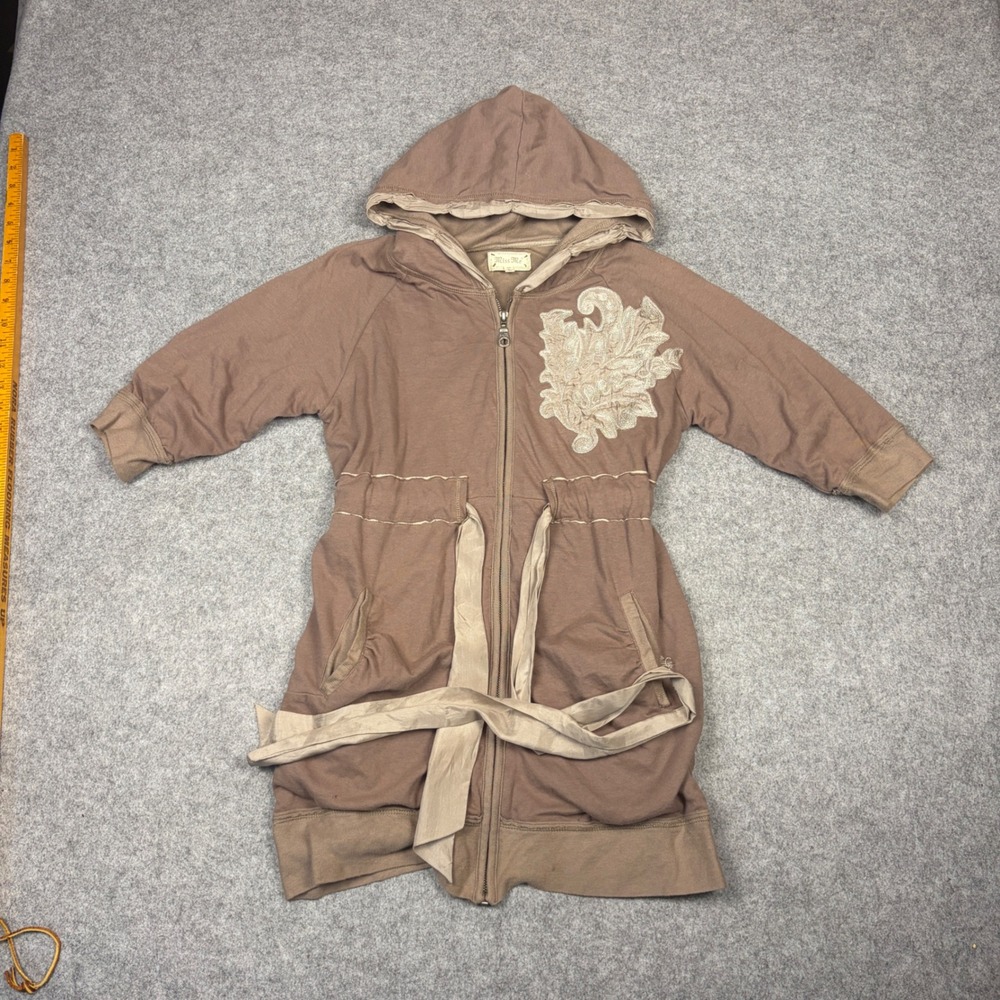 Miss Me Brown Zip Up Hoodie Dress Embroidered Floral Tie Waist Size L